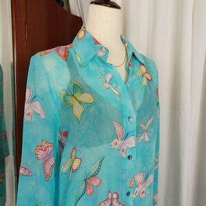 Vintage 90s Sheer Silk Butterfly Print Tunic Top